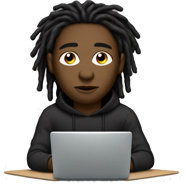 Black-guy-with-dreads-wearing-black-trackstuit-sitting-down-on-chair facing-foward-focused-on-laptop-computer- emoji