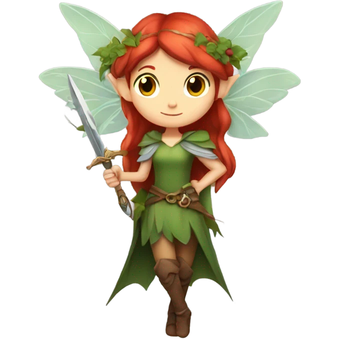 Female, forest fairy, fairy wings, pointed elf ears, red hair, vines, holding medieval sword emoji