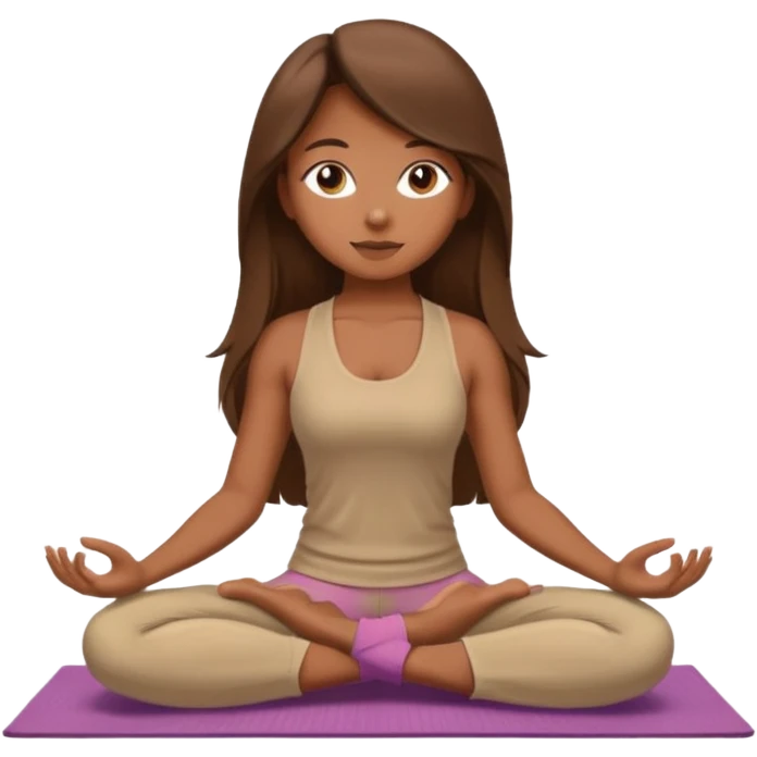 Brown long hair girl sitting on a beige rug doing yoga, brown clothes emoji