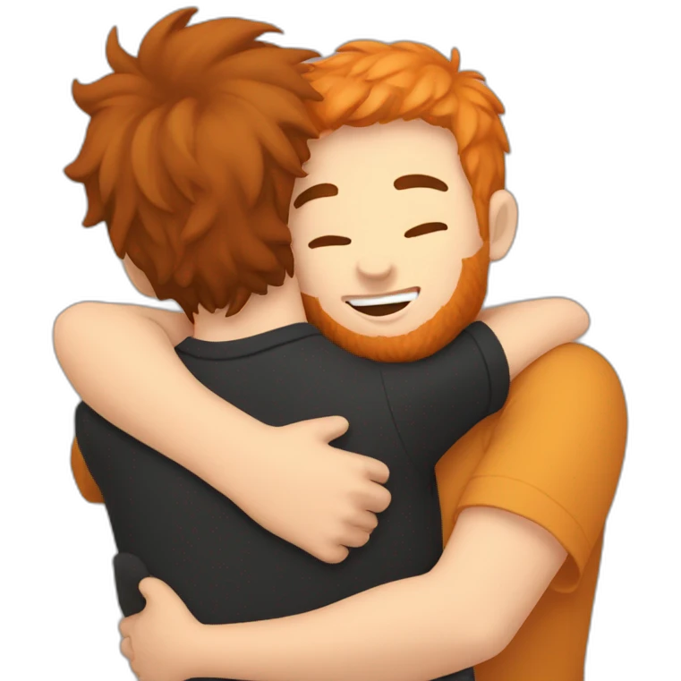 Boy with black hair and beard hugging ginger cat emoji