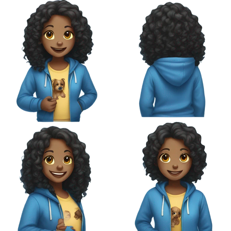 Smiling Black girl with long curly black hair wearing a blue puppy hoodie  emoji