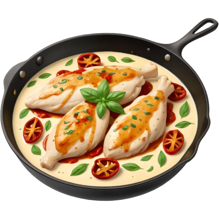 skillet with creamy Marry Me Chicken chicken breasts in rich sauce with sun-dried tomatoes and basil emoji