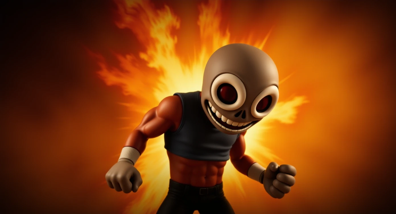 Cinematic still from "squid game" character movie, explosion in background emoji