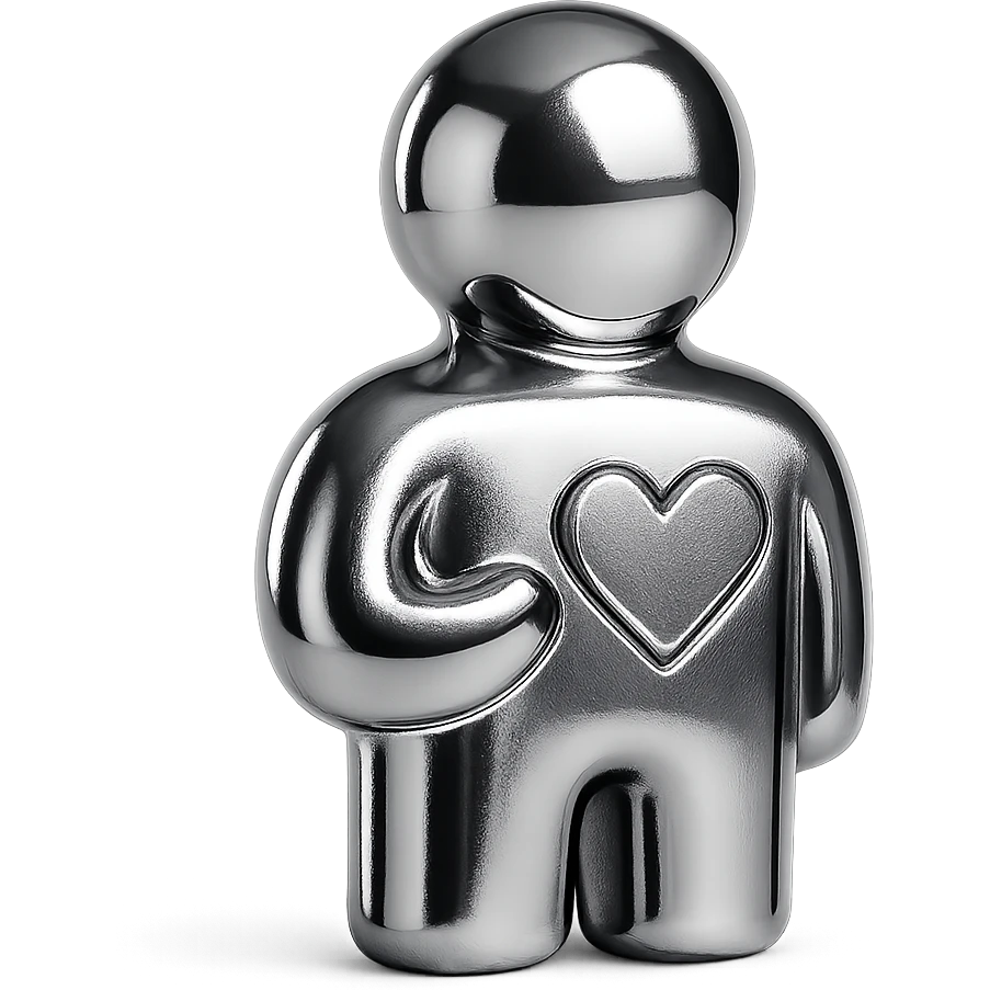 abstract chrome figure with a heart symbol, radiant and polished, representing health emoji
