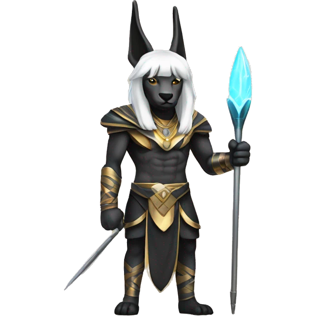 white haired, short male, anubis styled clothes, holding a spear, has electricity powers emoji