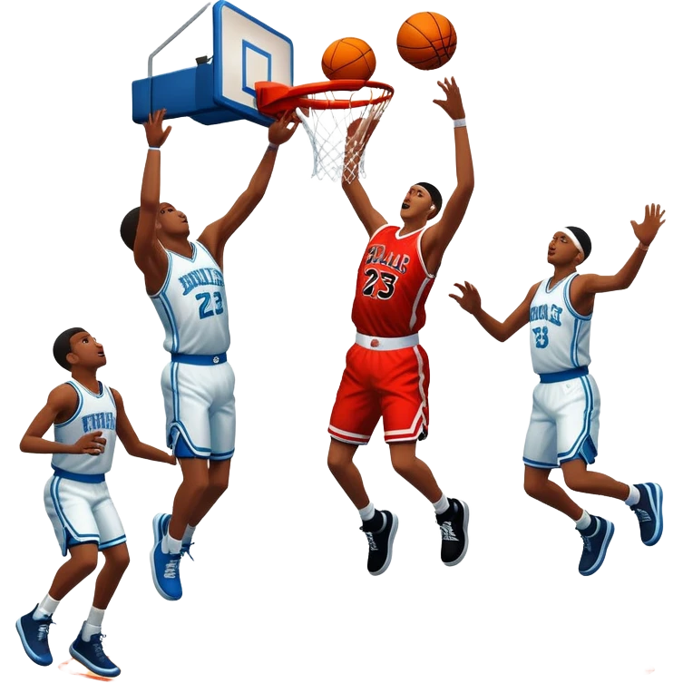 An icon featuring a basketball court with players in action, inspired by NBA 2K25. A player jumps for a dunk, with the ball mid-air. Bright lights illuminate the court, symbolizing the excitement of sports simulation games. Transparent background emphasizes the energy. emoji