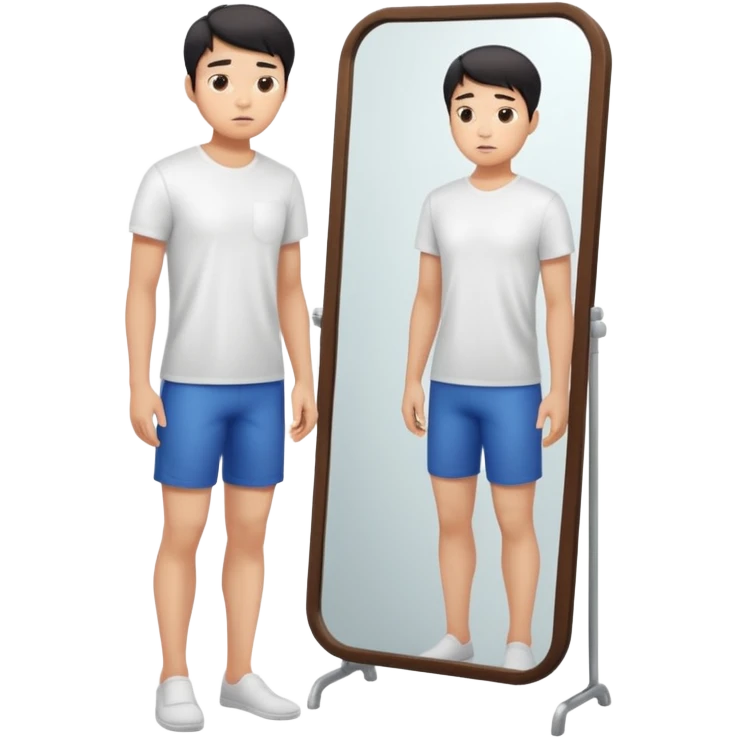 A young Asian guy is sadly examining his body in a full-length mirror. emoji