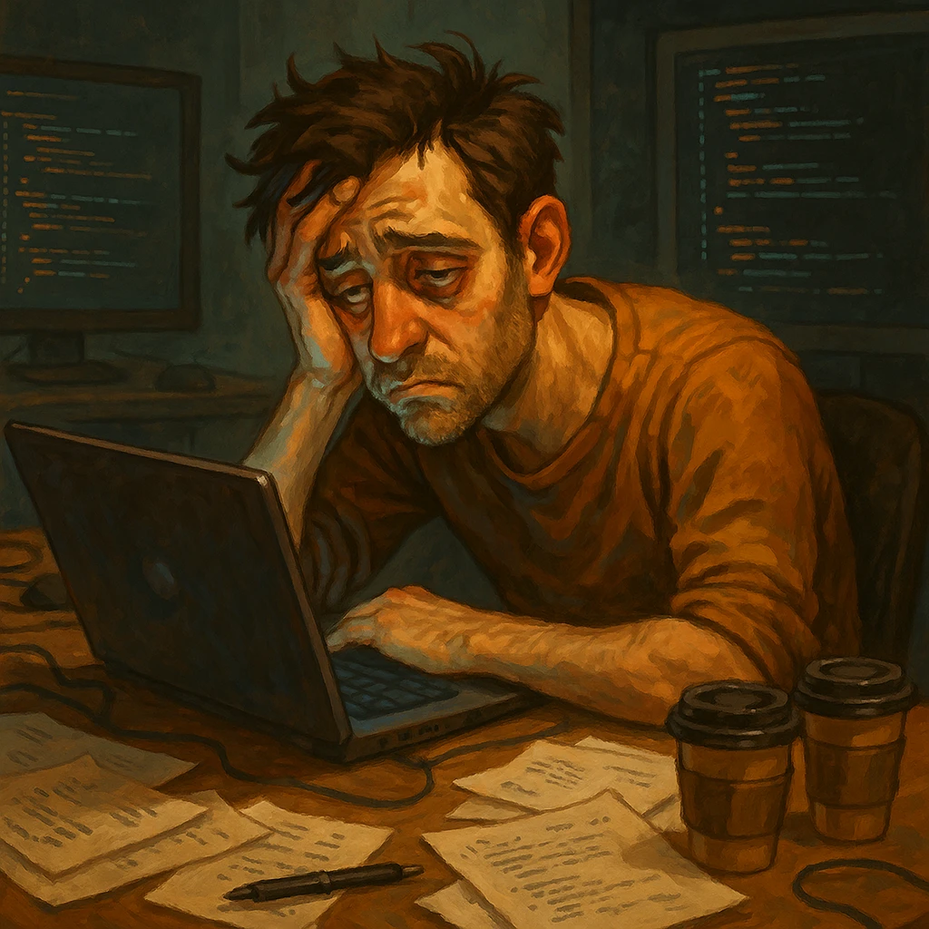 frustrated developer at work slumped over laptop tired eyes cluttered desk digital art style emoji