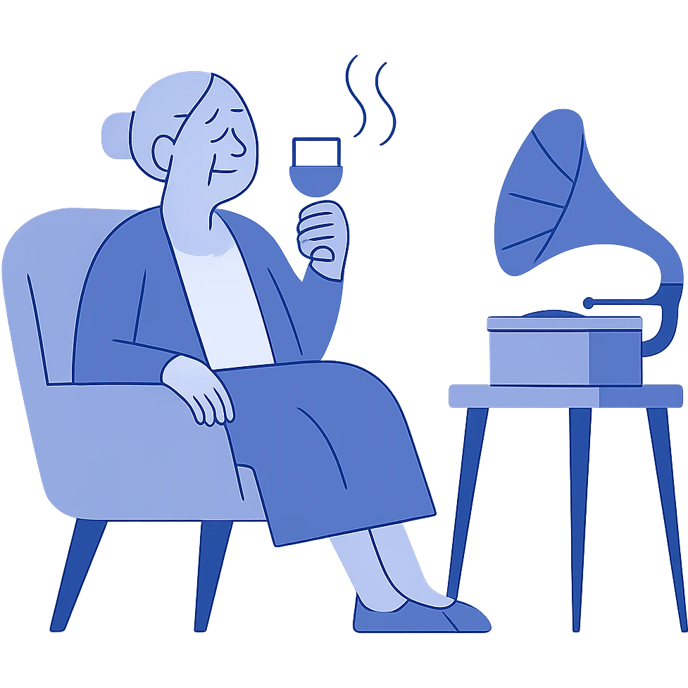 elderly woman relaxing with wineglass and gramophone emoji
