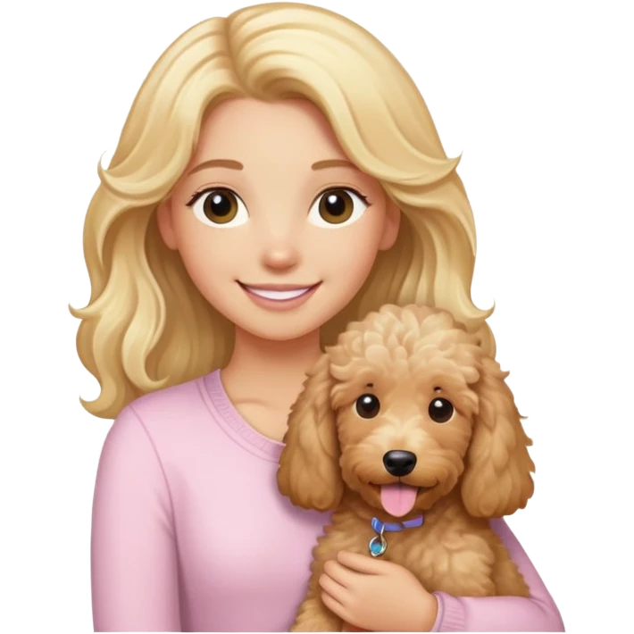 blonde girl with long hair wearing light pink smiling holding tan goldendoodle emoji