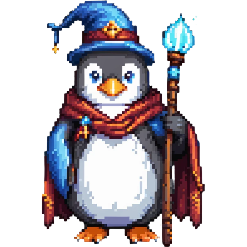penguin wizard with magic staff and robe emoji