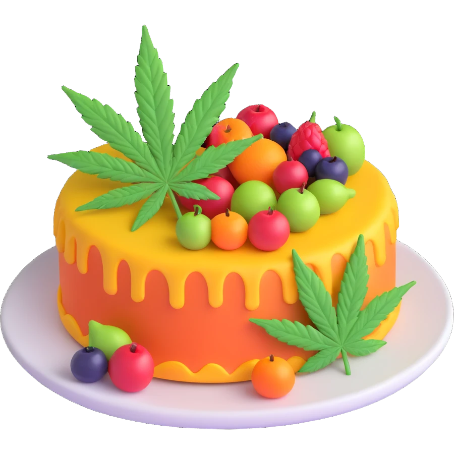 colorful frosted fruit cake with cannabis leaf on a plate emoji