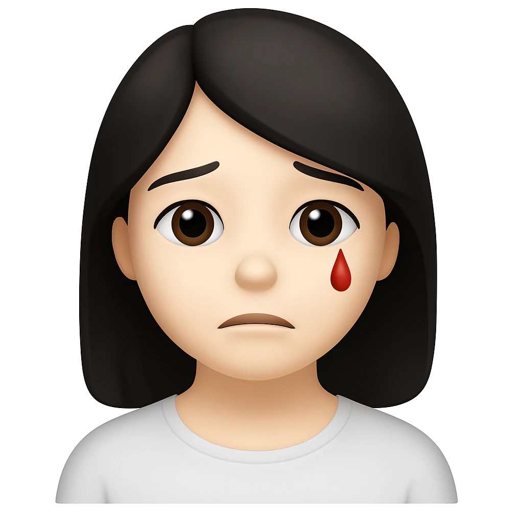 Make the character look like the official Apple emoji style. Replace the lots of blood with a single small red tear. Keep her pale skin, black straight hair, and a subtle sad expression. The style should mimic the Apple emoji style closely. emoji
