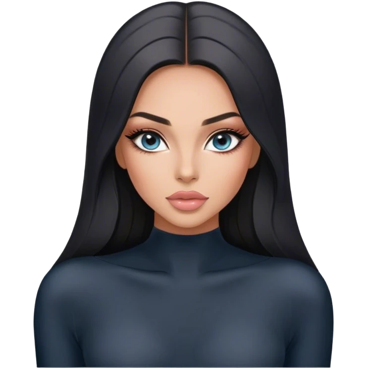 Glamours, tanned, very beautiful girl, with big pump peach-beige-rose lips, long long lashes, black straight smooth silky long hair, straight parting hair, blue-grey eyes in black long-sleeves bodysuit emoji