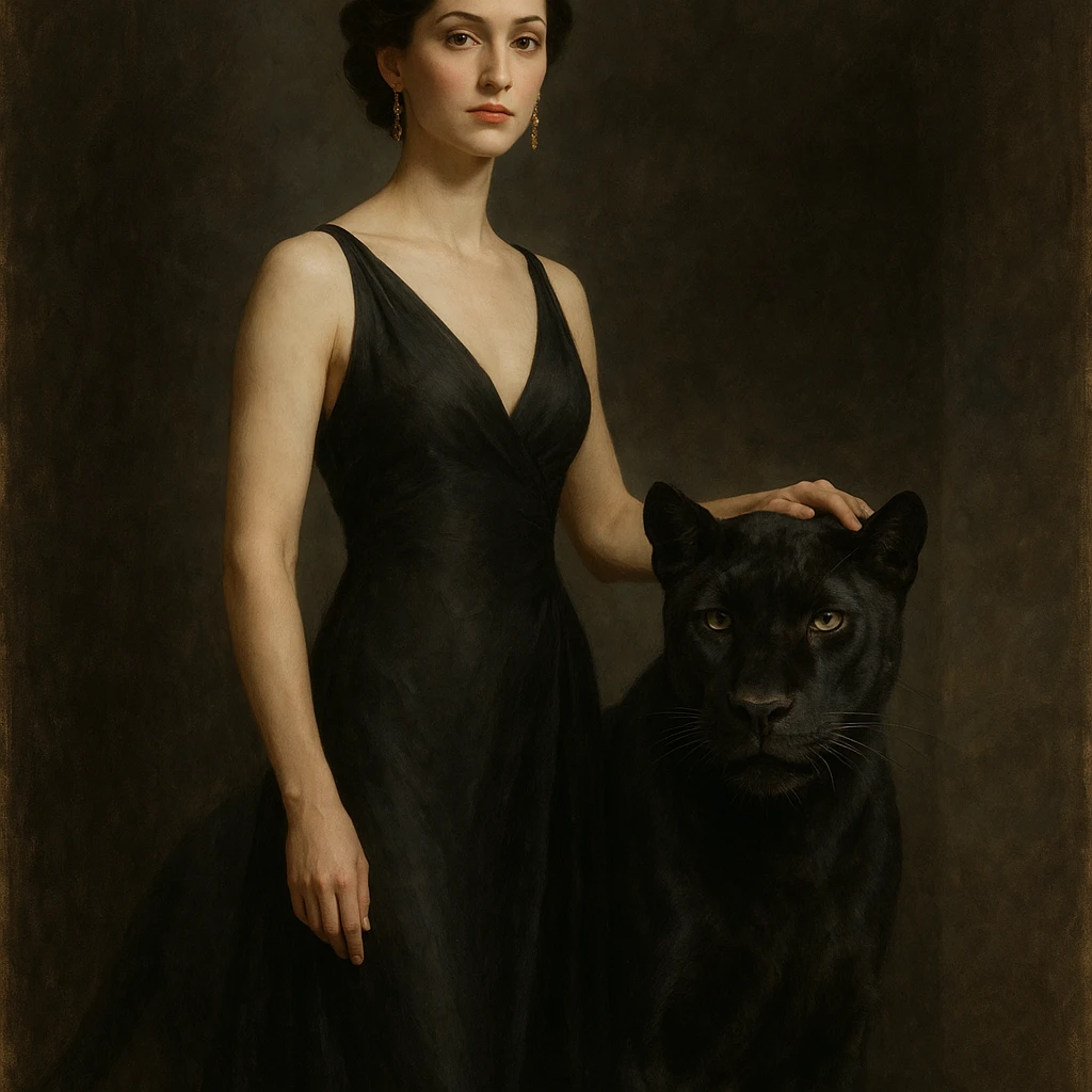 an elegant woman standing beside a panther, detailed, realistic, artistic emoji