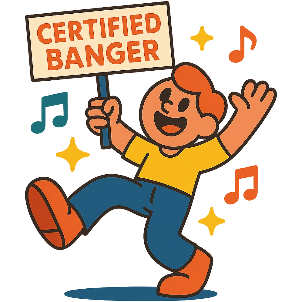 dancing character holding a sign that says certified banger surrounded by musical notes and sparkles cheerful animated style emoji