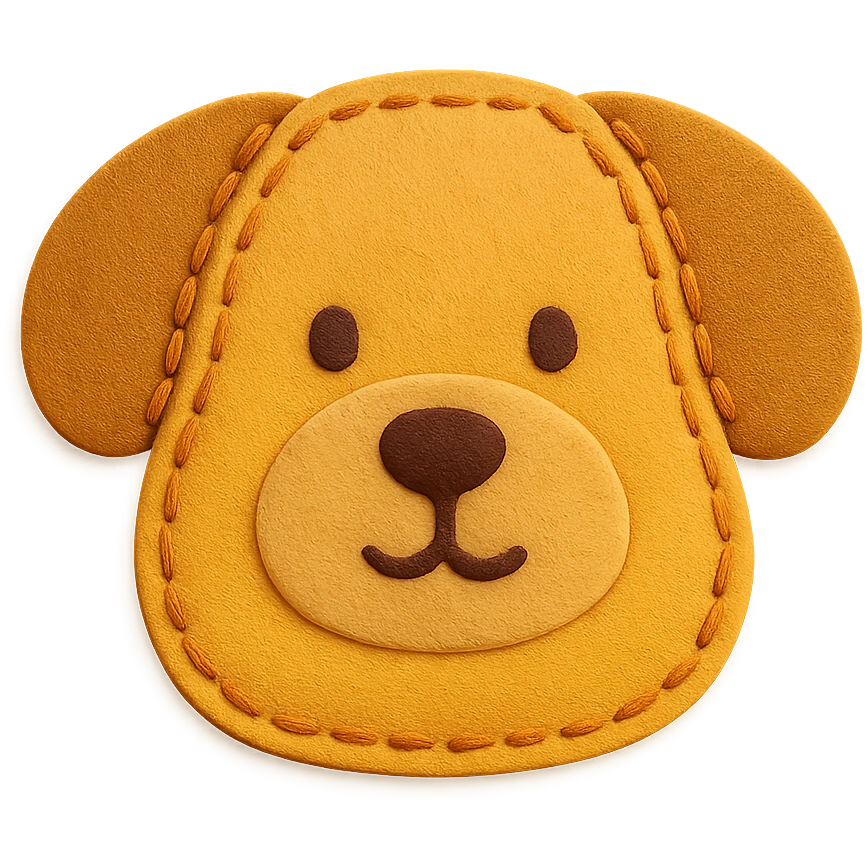 <StylePrompt>
  <Name>Minimal Felt Appliqué Icon</Name>
  <Description>
    A soft, handcrafted felt icon style with lightly padded forms, simple shapes, and clean outlines. Features slightly more visible stitching for tactile charm while maintaining a low-detail aesthetic.
  </Description>
  <VisualProperties>
    <Material>Felt</Material>
    <Texture>Soft, matte surface with subtle fiber detail</Texture>
    <Stitching>
      <Type>Threaded edge stitch</Type>
      <Color>Muted orange or warm brown</Color>
      <Pattern>Evenly spaced running stitch around edges</Pattern>
      <Thickness>Medium (approximately 10% more pronounced than minimal)</Thickness>
      <Contrast>Moderate (stitch color clearly distinct from base felt)</Contrast>
    </Stitching>
    <Padding>Low to moderate—slightly raised but not deeply dimensional</Padding>
    <Edges>Smooth and rounded with clean curves</Edges>
    <ColorPalette>
      <Primary>Warm yellows, oranges, and browns</Primary>
      <Accent>Dark brown for facial features</Accent>
      <Background>Neutral off-white or soft beige</Background>
    </ColorPalette>
  </VisualProperties>
  <FacialFeatures>
    <Eyes>Small round dots</Eyes>
    <Nose>Simple oval or triangle</Nose>
    <Mouth>Minimal curved line or none</Mouth>
    <DetailLevel>Low</DetailLevel>
  </FacialFeatures>
  <Rendering>
    <Lighting>Soft and diffused</Lighting>
    <Shadows>Subtle, barely visible</Shadows>
    <Perspective>Front or side profile, flat angle</Perspective>
  </Rendering>
  <Applicability>
    <SubjectType>Animals, symbols, objects</SubjectType>
    <OutputFormat>Icon, patch, or sticker</OutputFormat>
  </Applicability>
</StylePrompt>

{subject} = dog emoji