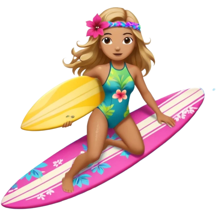 cute female surfer riding waves, hibiscus flower in hair, tropical swimsuit, colorful surfboard with Hawaiian patterns, water splash, 3D cartoon, mobile game icon style, clean background, no text emoji