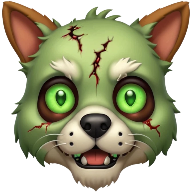zombie dog portrait, head and shoulders only, torn fur, glowing green eyes, stitched face details, spooky but cute, 3D cartoon, mobile game icon style, clean background, no text, no watermark
 emoji