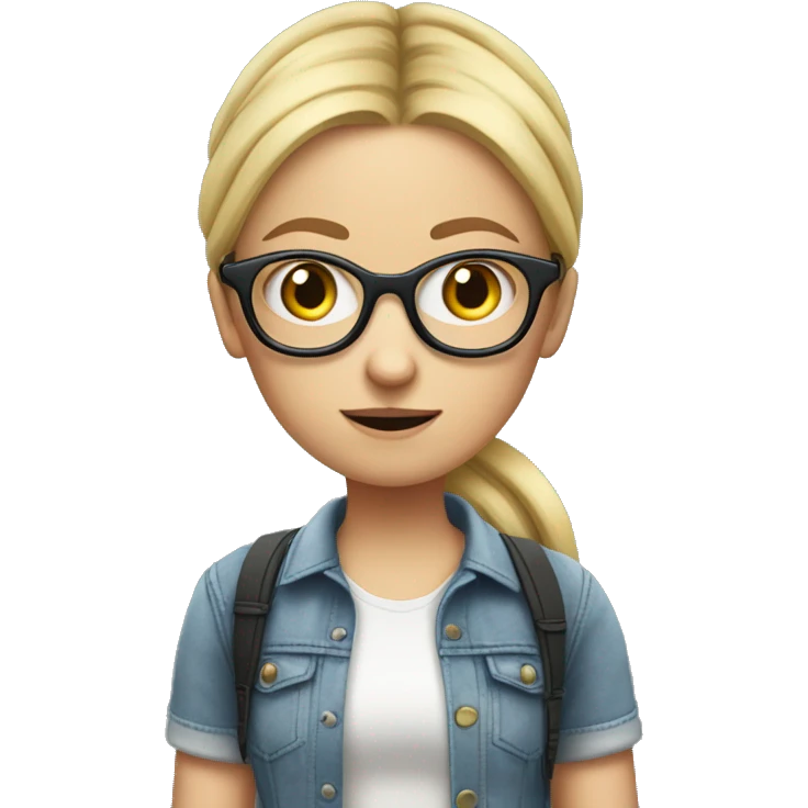 blond and white tall german girl wearing jeans and normal clothes. She wear glasses and her hair with a bun.  She holds a tennis racket and she look scared emoji