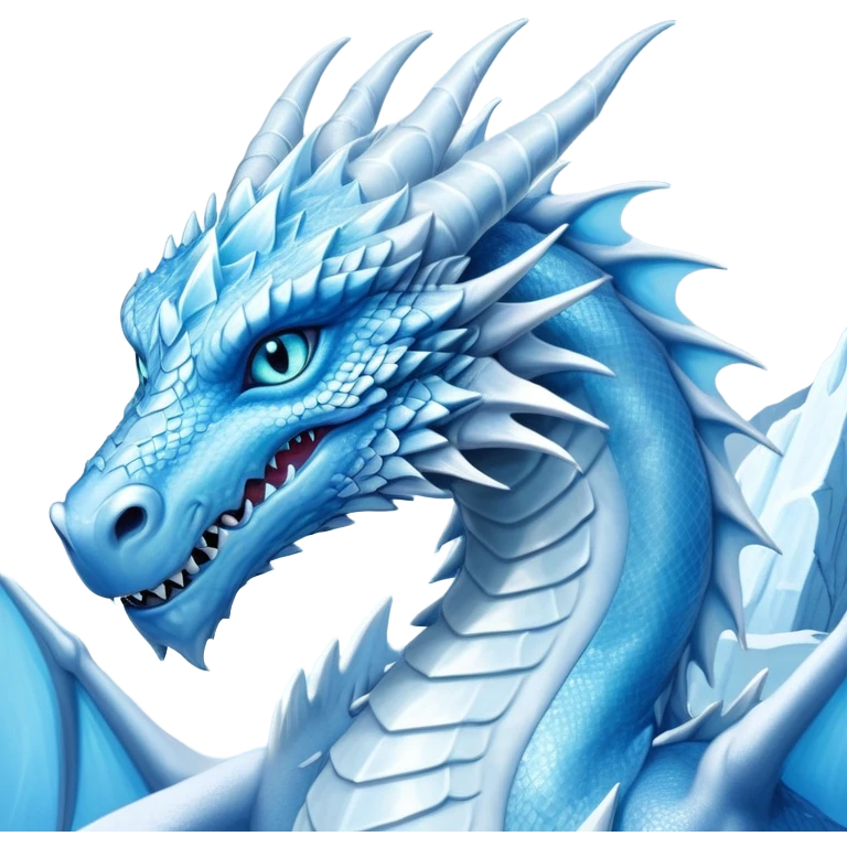 Cinematic Noble wise elegant Ice Dragon Portrait Emoji, Poised and imposing, distinct long elegant snout, with a slender, scaled body shimmering in glacial hues of icy blue, frostbitten silver, and crystalline white, breathing out frost, with piercing, glowing ice blue white eyes that radiate the chilling depths of an arctic storm; rendered in detail. excuding wisdom emoji