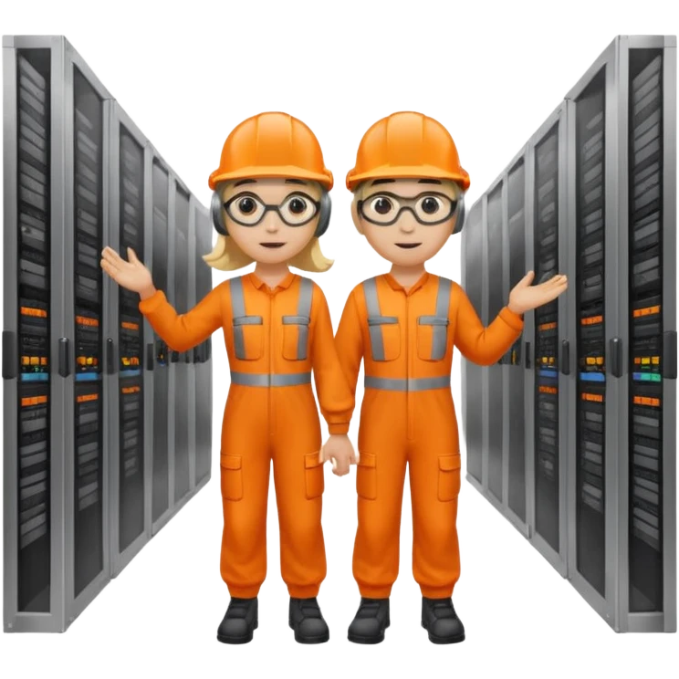 Create a emoji of boy and girl(blond hair) pushing Data center rack servers. They wearing helmet, ear protection, safety glass, orange emoji