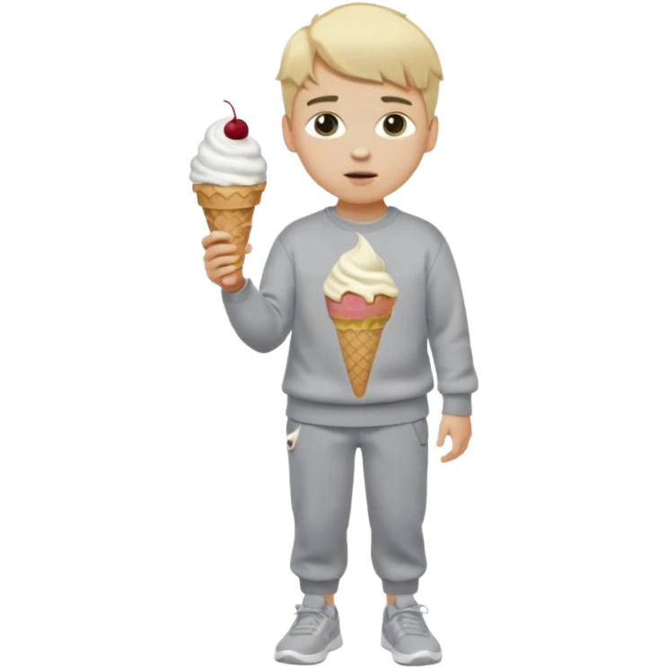 A kid with blonde hair and ice cream hair, Grey ESSENTIALS sweater, gray Nike shoes, Grey pants and he is white. emoji