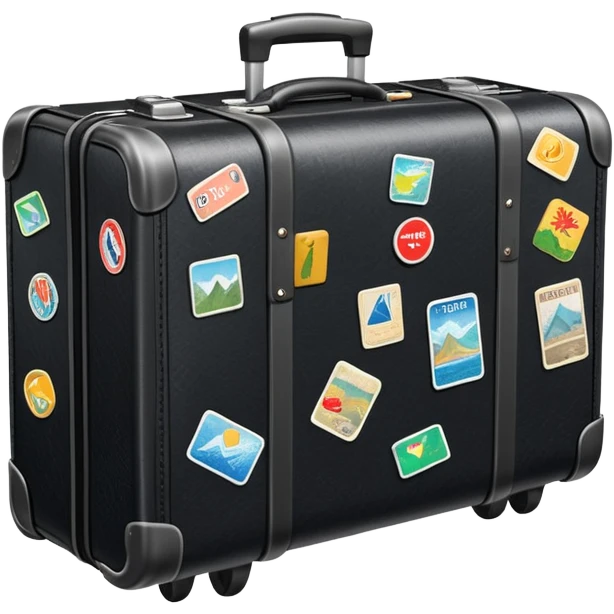 A rolling suitcase with travel stickers and extended handle emoji