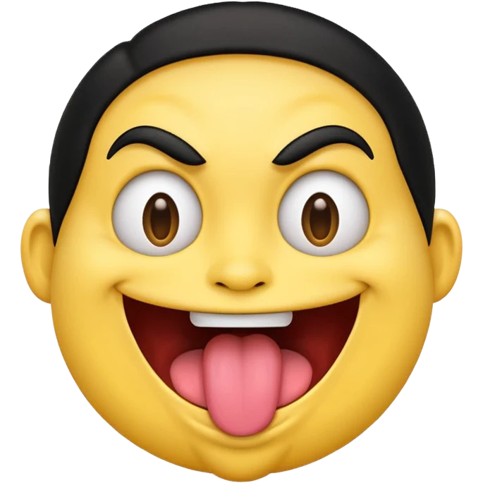 Freaky yellow face emoji smiling really big with huge tongue out and eyes wide open. Tongue should is wagging back and forth. Give him a full head of black hair emoji