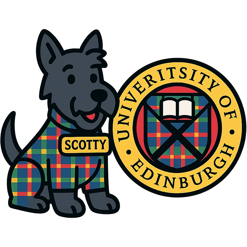 Scotty the Scottish Terrier mascot and the school seal together, both in tartan colors, harmonious composition, modern icon style emoji