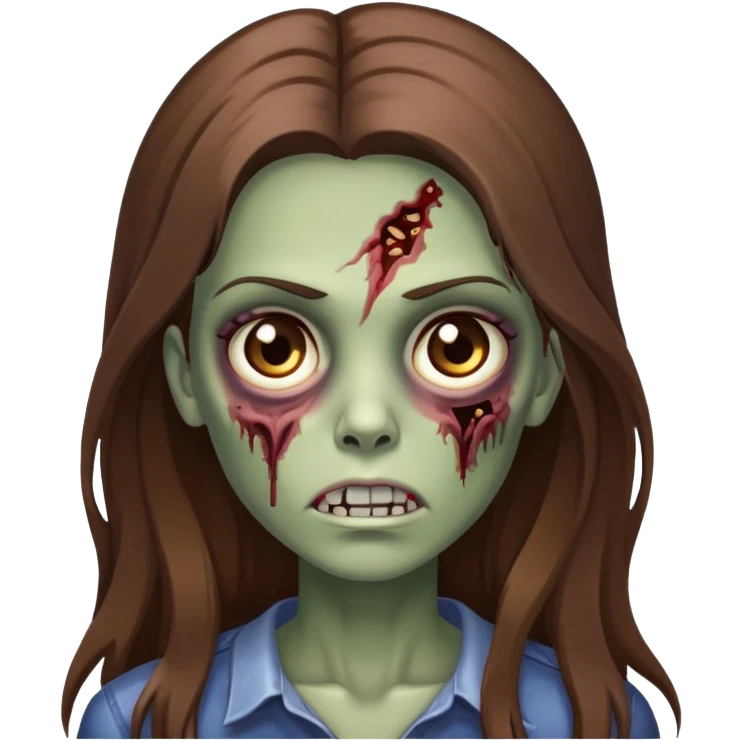 Uma zumbi feminina com cabelos  longos e castanhos,olhos castanhos e sem franja emoji