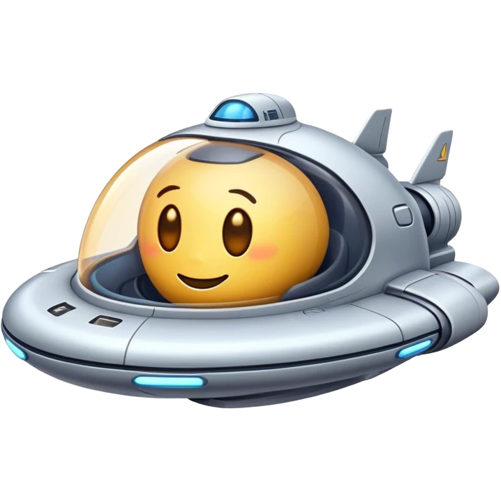 Design a simple, friendly spaceship with a smooth, rounded shape. Add a clear 'face' on the front using glowing lights for eyes and a curved line for a smile, giving it personality. Use a plain background to keep the focus on the ship. emoji