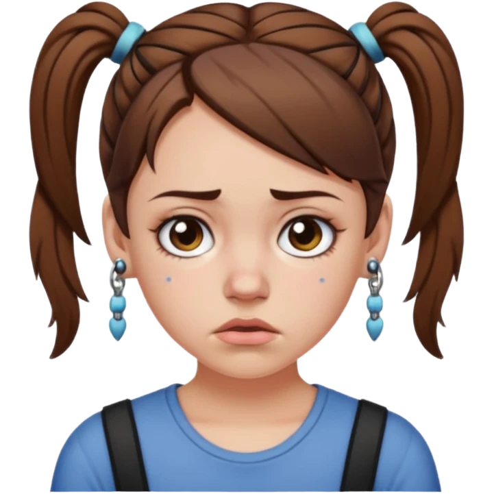 a white girl with brown hair in short pigtails with piercings frowning emoji