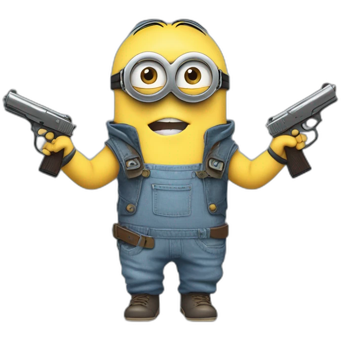 baby minion  in gray pants in a blue sleeveless shirt in a hood and with a collar with two pistols in both hands holds them on both sides raised emoji