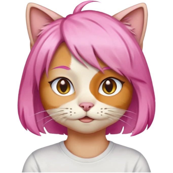 calico cat wear pink hair wig, white T-shirt emoji
