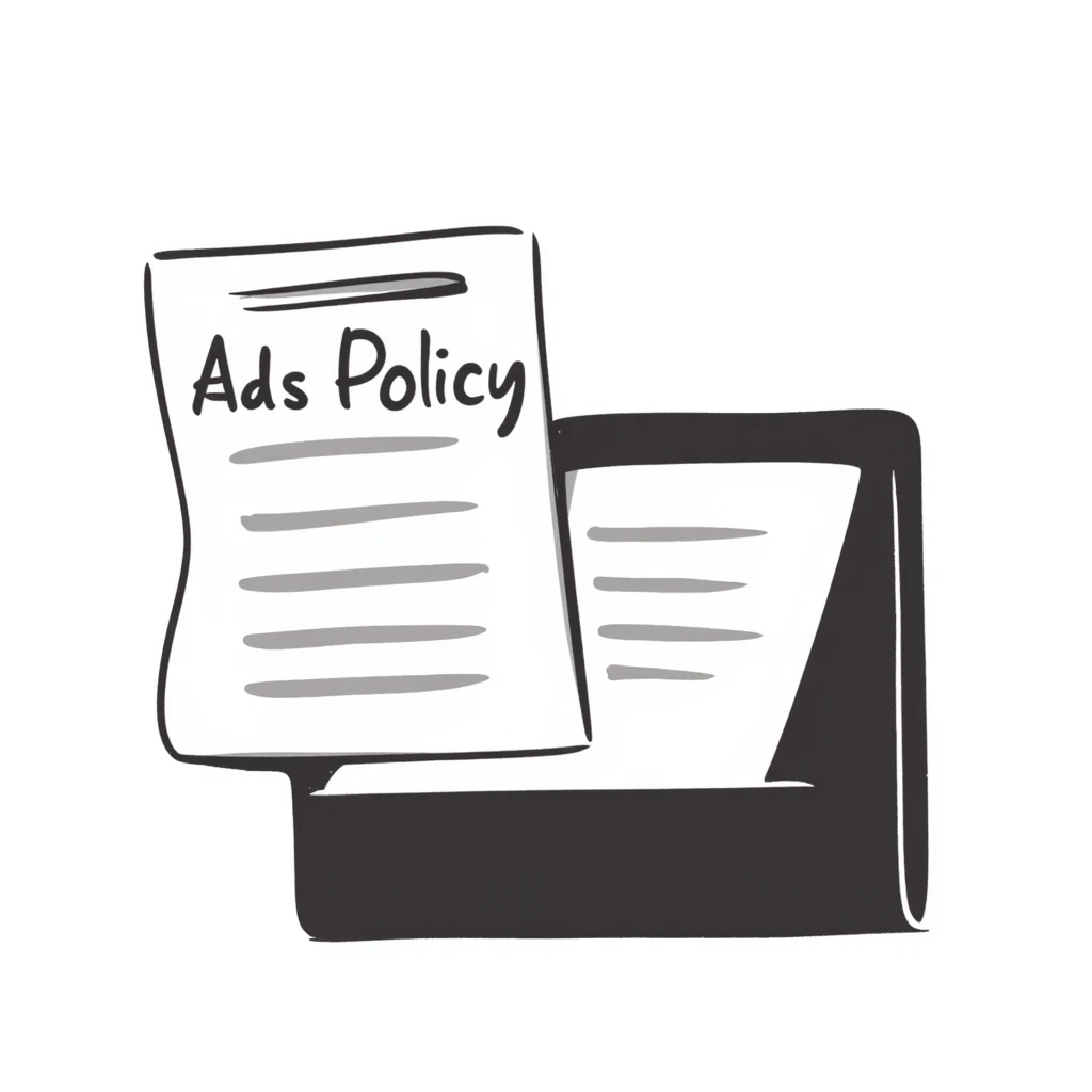 A document or folder with "Ads policy" written on the cover page in clear text emoji
