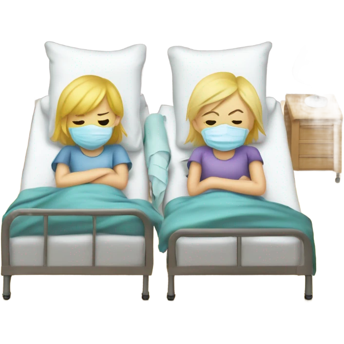 Two blonde children, sick, each in their own bed, wearing surgical masks, one Boy, one girl, at home, get well soon sign with yellow heart emoji