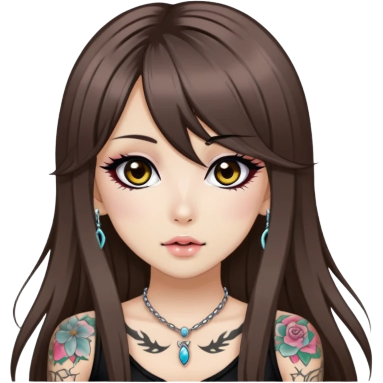 hime gyaru girl, long straight brunette hair, tattoos, dark makeup,  emoji