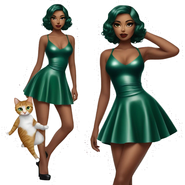 A pin skirt latex dark emerald dress on a female latin goddess with a kitten aura with a short bob a-line  emoji