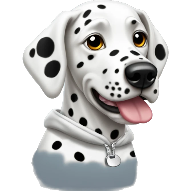 Dalmatian wearing a hoodie with a tongue out emoji
