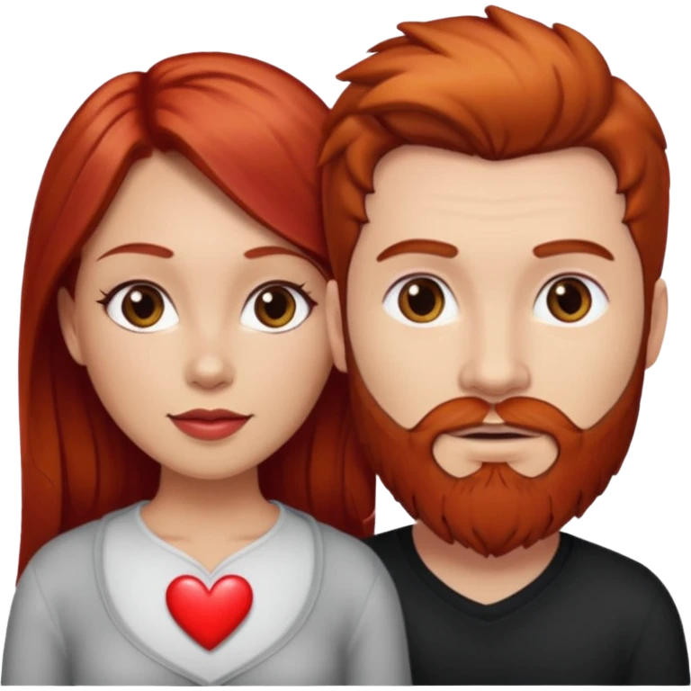 👩🏼‍❤️‍👨🏽 Something like this, but make the guy more lighter and give the girl a bit more red hair like ginger style make the guy have dark brown hair, same with the beard and add a heart in the middle above us make the guy have brunette beard and hair emoji