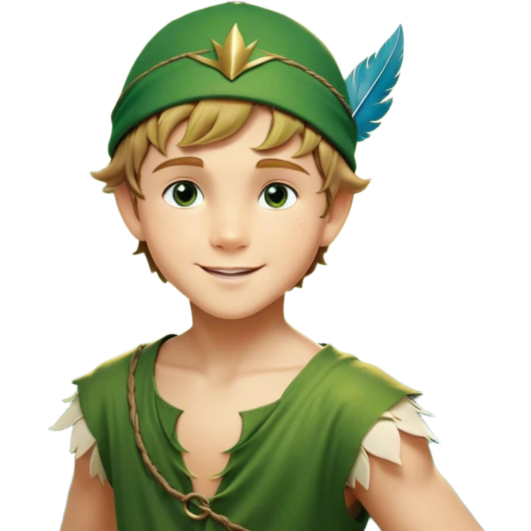 Cinematic Realistic Peter Pan Portrait, depicted with lifelike, youthful skin touched by a gentle sun-kissed glow. His bright, expressive eyes and confident smile evoke a timeless sense of wonder. Dressed in his iconic green tunic and feathered cap, every detail is rendered with soft, natural lighting that highlights his blend of innocence and courageous spirit. emoji