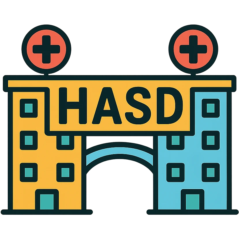 stylized icon of a bridge between two distinct hospital buildings with bold and prominent 'HASD' text standing on the bridge emoji