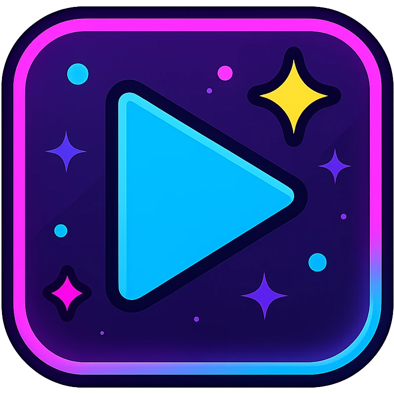 animated play icon with dark purple, blue, and black base, bright accents, complex gradients, stars, bright neon border, modern clean play symbol, subtle glowing and moving stars neon effects, sophisticated futuristic style emoji