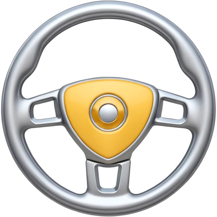 A futuristic steering wheel emoji made of silver chrome, minimal geometric design, smooth metallic surface, soft reflections, iOS emoji style, centered, clean white background emoji