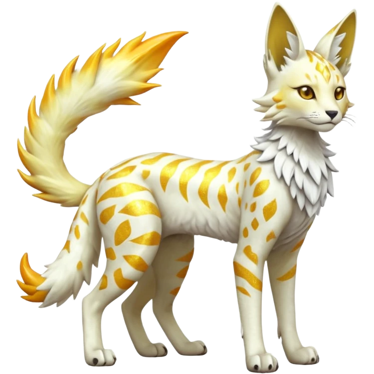 Epic complex fantasy glorious detailed futuristic gloomy sunny, white, albino, pastel, golden, orange glowing sparkly, realistic Fakémon-Sprigatito-Floragato-Meowscarada-Trico-Sergal-Serval-Solgaleo-Vernid-creature (full body) solarpunk, shiny sparkly, iridescent emoji