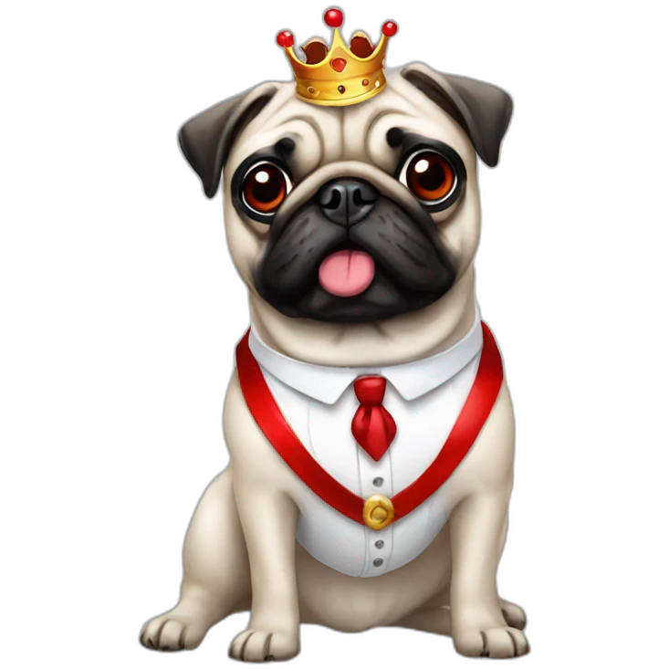 A dog (pug) with a crown in a white suit and a red bow an black braces emoji