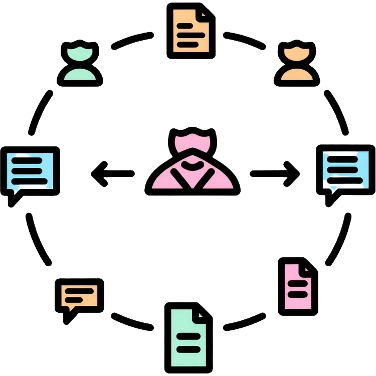 Management system with feedback loops, circular arrows connecting documents and people, business process with data flowing back emoji