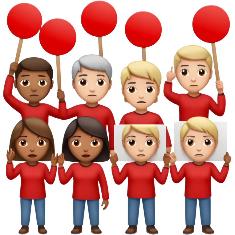 a crowd of people with unhappy faces and holding placards on which everything is crossed out in red emoji