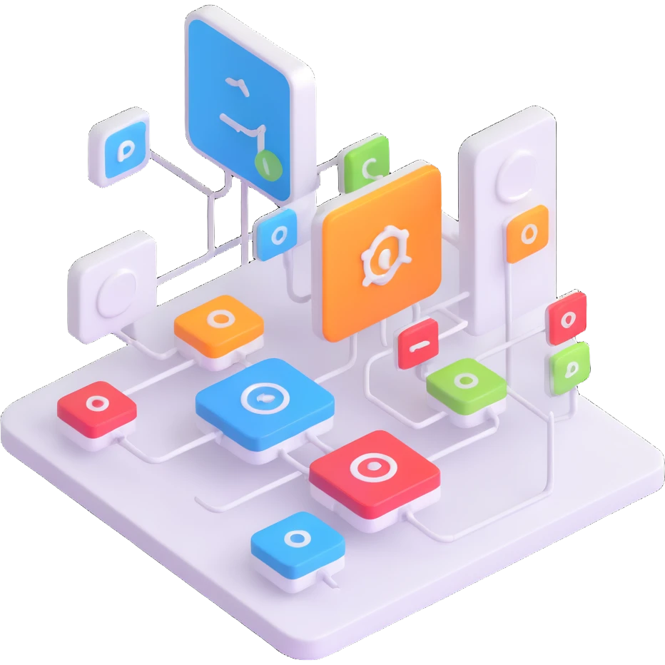 Desktop application architecture diagram with modules and connections emoji
